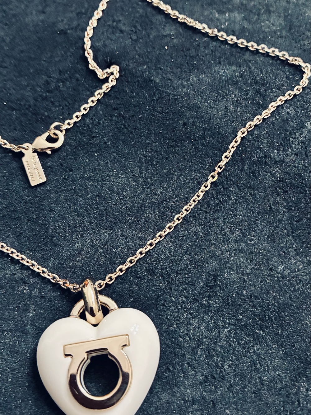 SALVATORE FERRAGAMO  WHITE Enamel Heart Pendant Necklace with Gold Accent